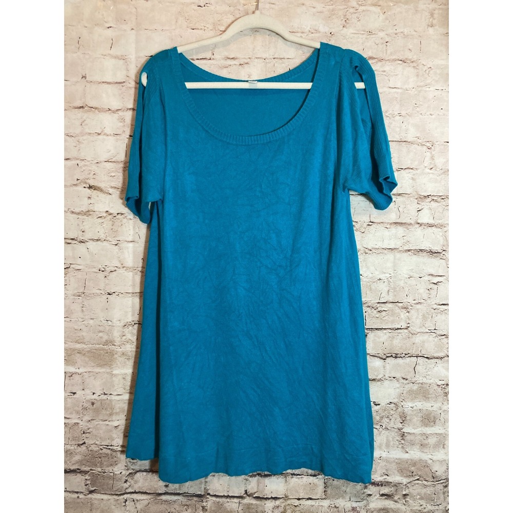 Susan Graver Sweater Dress Womens Medium Teal Blue Slit Sleeve Stretch Flowy